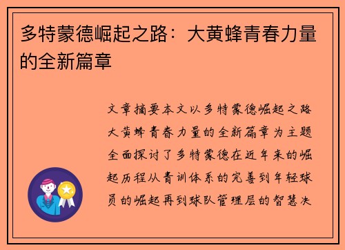 多特蒙德崛起之路：大黄蜂青春力量的全新篇章